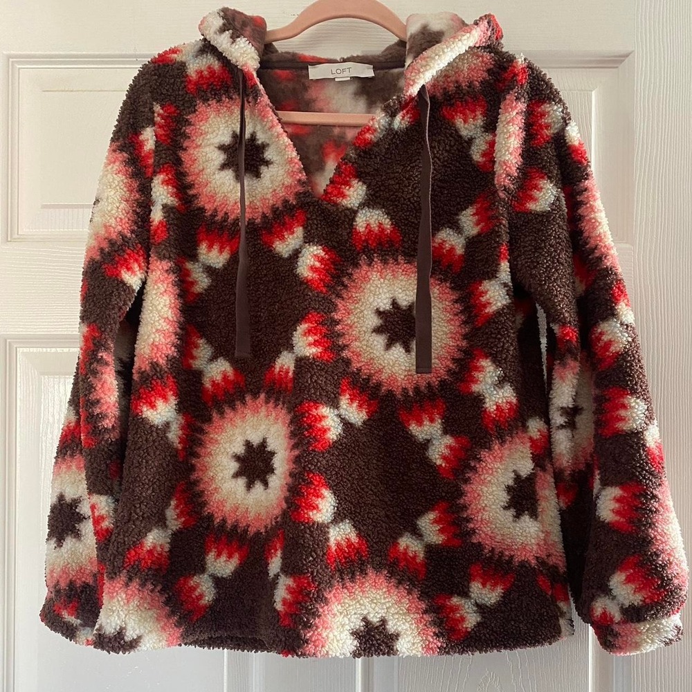 loft sunburst sherpa hoodie pullover jacket brown pink cozy casual women's small